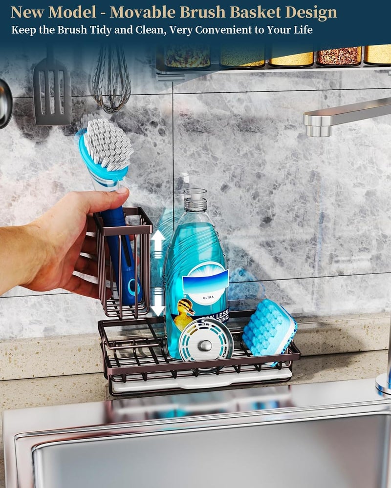 Consumest Sink Caddy Kitchen Organizer, Sponge Holder for Kitchen Sink with Removable Drip Tray for Countertop Dish Soap Holder Dispenser Brush Holder, 304 Stainless Steel - Bronze - Image 2